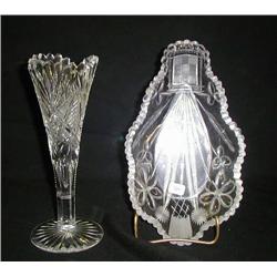 Cut Glass-9.25 flat dish with vase with flowers d