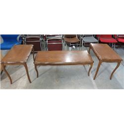 COFFEE TABLE AND TWO END TABLES (47" X 19" X 16.5" -- 27.5" X 17.5" X 22")