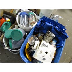 PALLET OF NUTS, BOLTS, SCREWS, TARPS, OILS, SPRAYER, DOOR KNOB