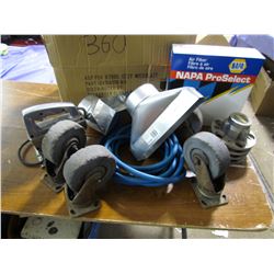 LOT INCLUDING, LARGE CASTERS, AIR HOSE, JIG SAW, DUCTING