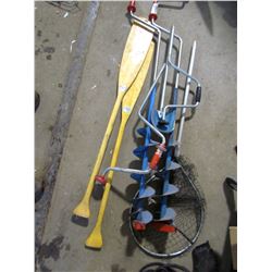 LOT INCLUDING, 3 SIX INCH ICE AUGERS, 2 OARS AND FISH NET