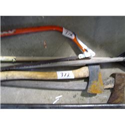 LOT INCLUDING, 2 RAKES, 2 AXES, SWEDE SAW, AND PRY BAR