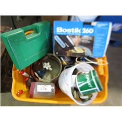 TUB CONTAINING, SOLDERING GUN, GLUE GUN, PROPANE TANK, OILS, SCREWS, ETC...