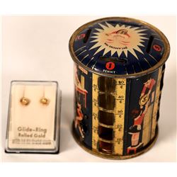 Antique Coin Bank and Gold Earrings  #109004