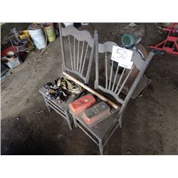 MISC. RATCHET STRAPS, ANTIQUE CHAIRS, TROUGH VALVES, WOODEN HANDLE