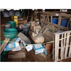 MISC. AIR COMPRESSOR, HOSE REEL, MISC FEED BUCKETS, MISC WOODEN PANELS