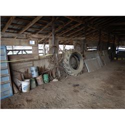 MISC. METAL WORK TABLE, MISC CHAINS AND CABLES, 18.4-34 TIRES, METAL AND WOODEN PANELS