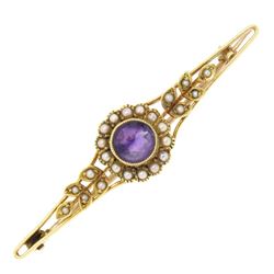 15k Yellow Gold .64 ctw Old Cut Amethyst & Seed Pearl Brooch Pin