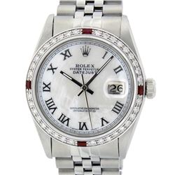 Rolex Mens Stainless Steel Silver MOP Roman 36MM Diamond & Ruby Datejust Wristwa