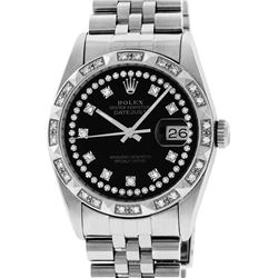 Rolex Mens Stainless Steel Black String Pyramid Diamond Bezel Datejust Wristwatc