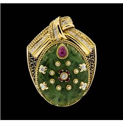 140.00 ctw Jadeite, Ruby and Diamond Pendant-Pin - 18-22KT Yellow Gold