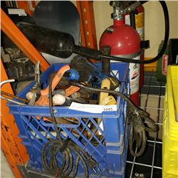 CRATE OF TOOLS, EXTINGUISHERS AND CHICKEN WIRE