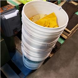 LOT OF BUCKETS AND RAIN GEAR