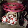Image 1 : TOTE OF SOCCER BALLS, ROLLER SKATES, AND HULA HOOPS