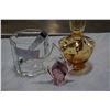 Image 2 : AMBER GLASS DECANTER, GLASS ICE BUCKET W/ TONGS, AND ART GLASS FISH