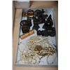 Image 1 : TRAY OF MINIATURE METAL FIGURES AND VINTAGE PEARL JEWELLERY, BONE JEWELLERY, AND PERFUME CONTAINER