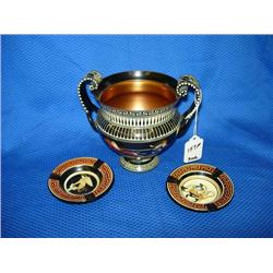 Greek Urn and a Pair of Handpainted Ashtrays