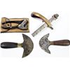 Image 1 : Collection of 4 leather working tools includes early rosewood and brass leather splitter marked G.S.