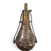 Image 2 : Antique brass and copper powder flask 9" long with raised front and rear stag scene, top marked AM. 