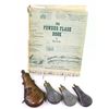 Image 1 : Collection of 5 includes powder flask book and 4 antique zinc and copper powder flasks.book and 4 an