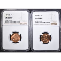 1949-S & 55-S LINCOLN CENTS, NGC MS-66 RED