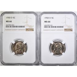 2-1950-D JEFFERSON NICKELS, NGC MS-66