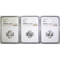 1946, 48 & 51 ROOSEVELT DIMES, NGC MS-66