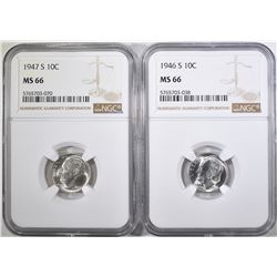 1946-S & 47-S ROOSEVELT DIMES, NGC MS-66