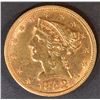 Image 1 : 1852 $5 GOLD LIBERTY  BU  OLD CLEANING