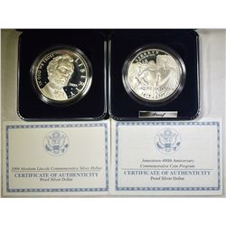 2- PROOF SILVER DOLLAR COMMEMS IN BOX W/ COA