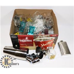 BOX OF ASSORTED BAR ACCESSORIES INCL SHOT GLASSES,