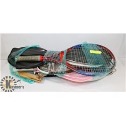 LOT OF RACQUETBALL RACQUETS, BADMINTON RACQUETS