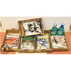 5 FLATS OF ASSORTED MAGAZINES AND 2 BOTTLES