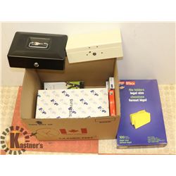 BOX OF ASSORTED PAPER AND LOCK BOX.