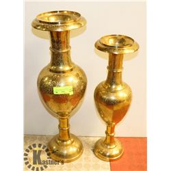 2 VINTAGE ETCHED BRASS VASES 24" & 21" TALL.