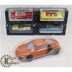 FLAT WITH 4 DIE CAST CARS AND ONE MODEL CAR