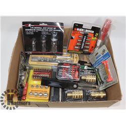 LARGE BOX OF NEW TOOLS, ACCESSORIES AND MORE