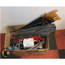 BOX OF ASSORTED TOOLS INCL HAMMERS AND SAWS.