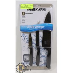 NEW 3PC KNIFE ARMOR FARBERWARE CHEF KNIFE SET