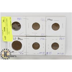 LOT OF 6 CANADIAN 1 CENT COINS - 1881, 1920, 1921,