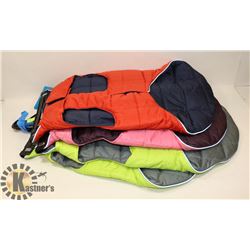 BUNDLE OF 4 NEW DOG JACKETS, ASSORTED SIZES