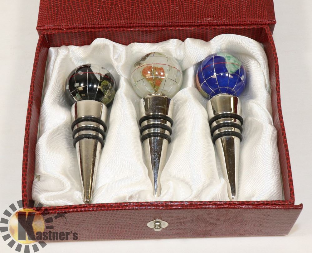 BOX W/ 3 GEMSTONE GLOBES WINE STOPPERS / CORKS