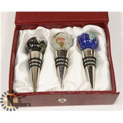 BOX W/ 3 GEMSTONE GLOBES WINE STOPPERS / CORKS