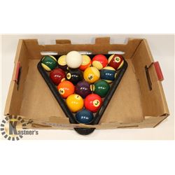 COMPLETE SET OF POOL BALLS AND TRIANGLE PLUS CUE