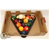 Image 1 : COMPLETE SET OF POOL BALLS AND TRIANGLE PLUS CUE