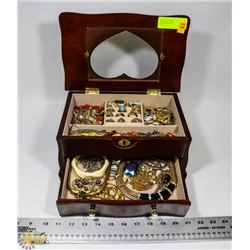 WOOD JEWELLERY BOX WITH CONTENTS