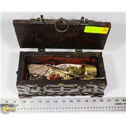 WOOD CARVED JEWELLERY BOX WITH CONTENTS