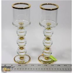 PAIR OF CRYSTAL GOLD TONED CANDLE HOLDERS.