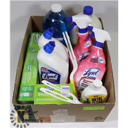 BOX W/NEW CLEANING SUPPLIES INCL.