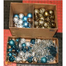 2 BOXES WITH GOLD, BLUE AND SILVER DECORATIONS